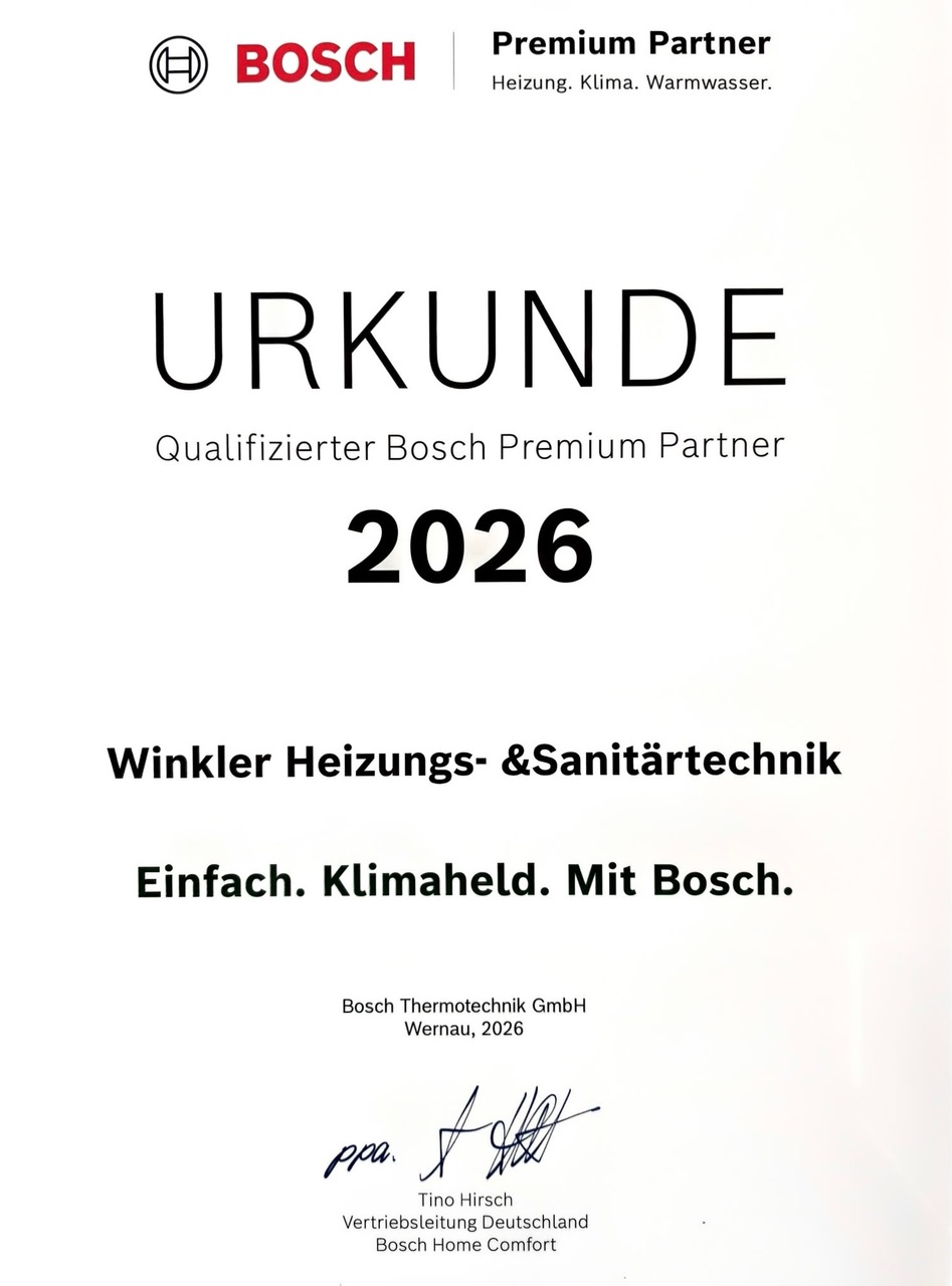 Bosch Premium Partner Urkunde 2026 Urkunde Qualifizierter Bosch Premium Partner 2026 für Winkler Heizungs- & Sanitärtechnik